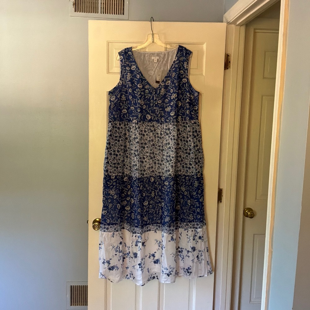 J. Jill Blue White Floral Tiered Cotton Maxi Dress XL NEW Boho Cottagecore